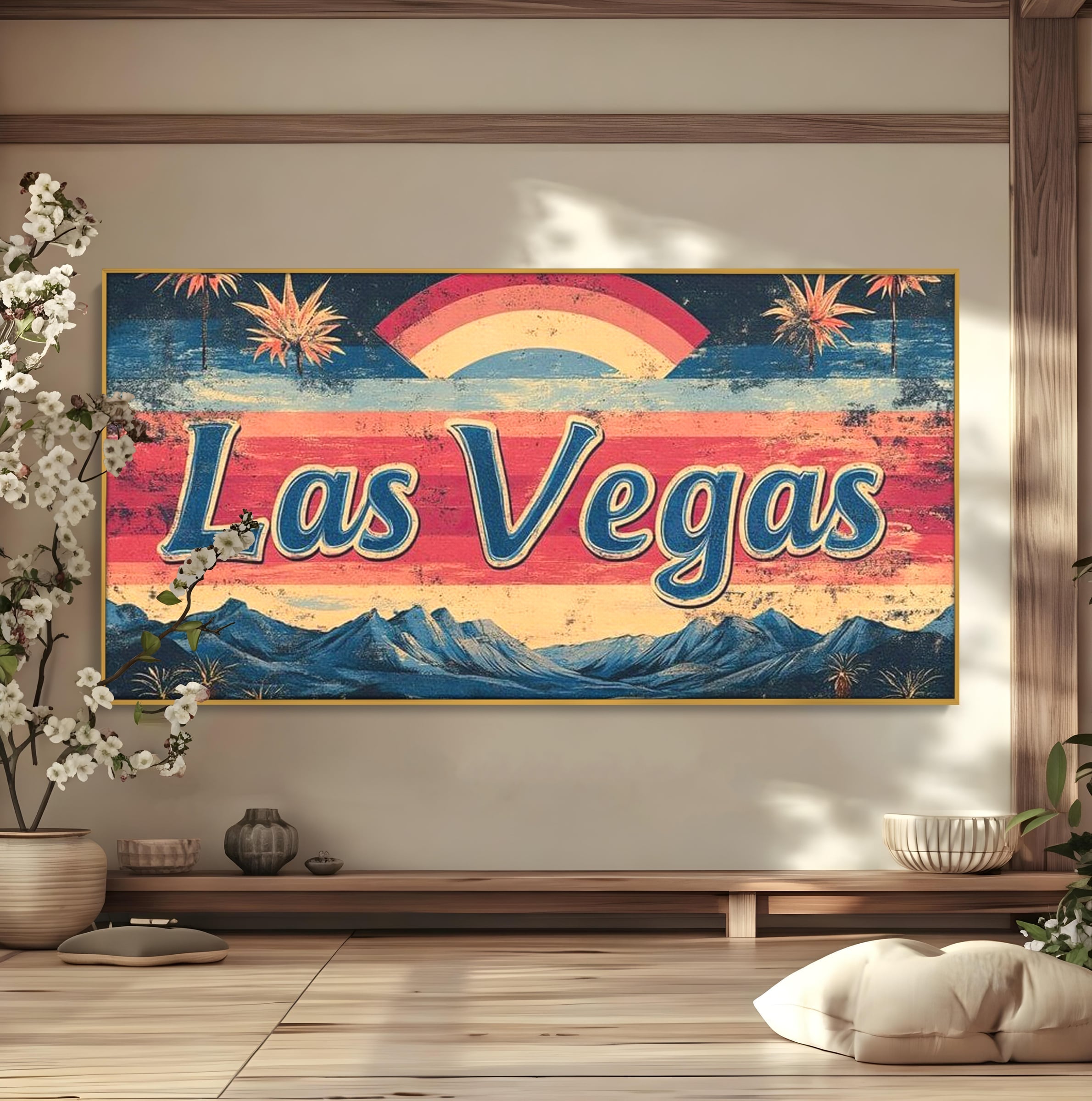 Tablou canvas cu ilustratie retro las vegas cu curcubeu si munti, in rama de aluminiu auriu